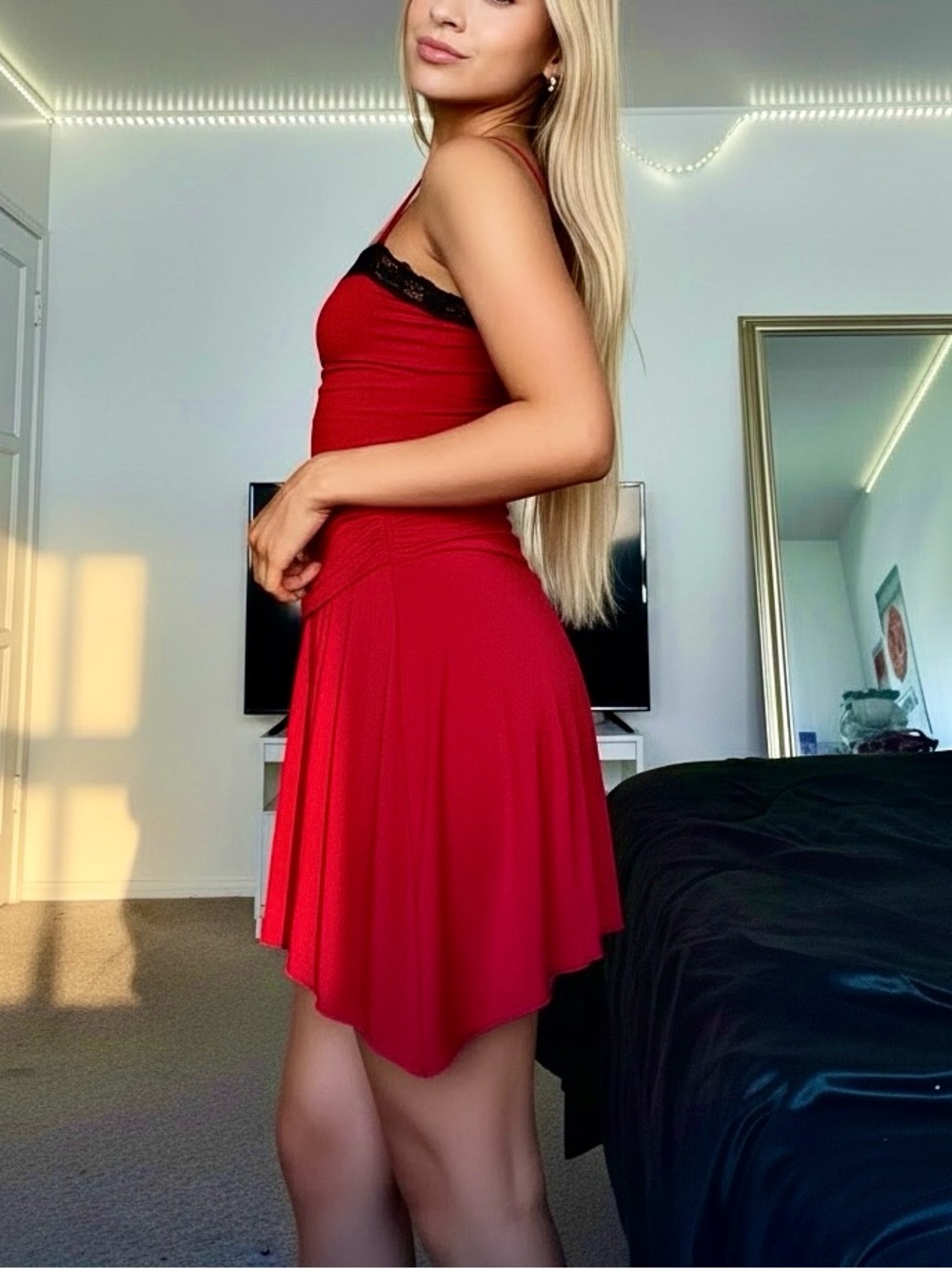 Tiger Mist Red Mini Dress with Black Lace Trim